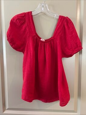 Women's Red Puff-Sleeve Scoop Neck Blouse